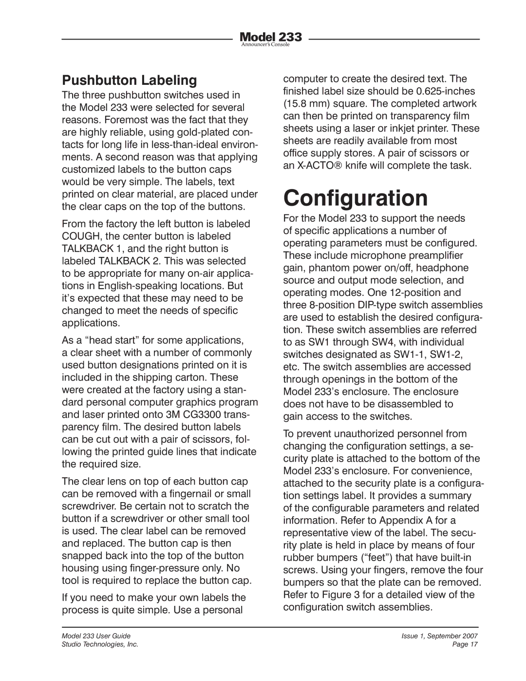 StudioTech 233 manual Configuration, Pushbutton Labeling 