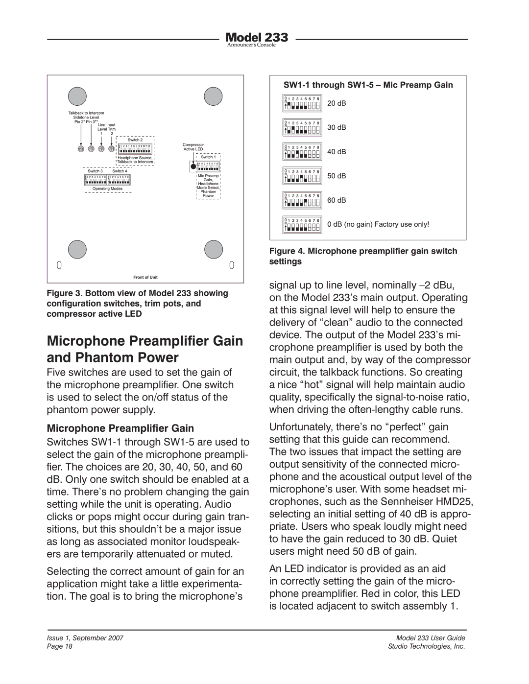 StudioTech 233 manual Microphone Preamplifier Gain and Phantom Power 