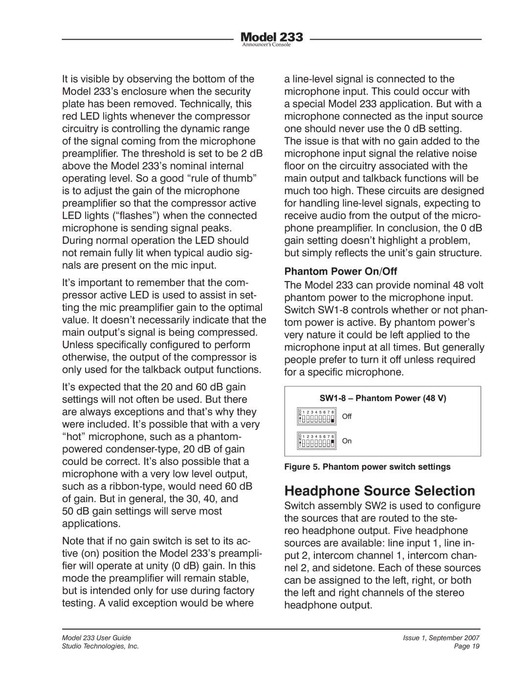 StudioTech 233 manual Headphone Source Selection, Phantom Power On/Off 