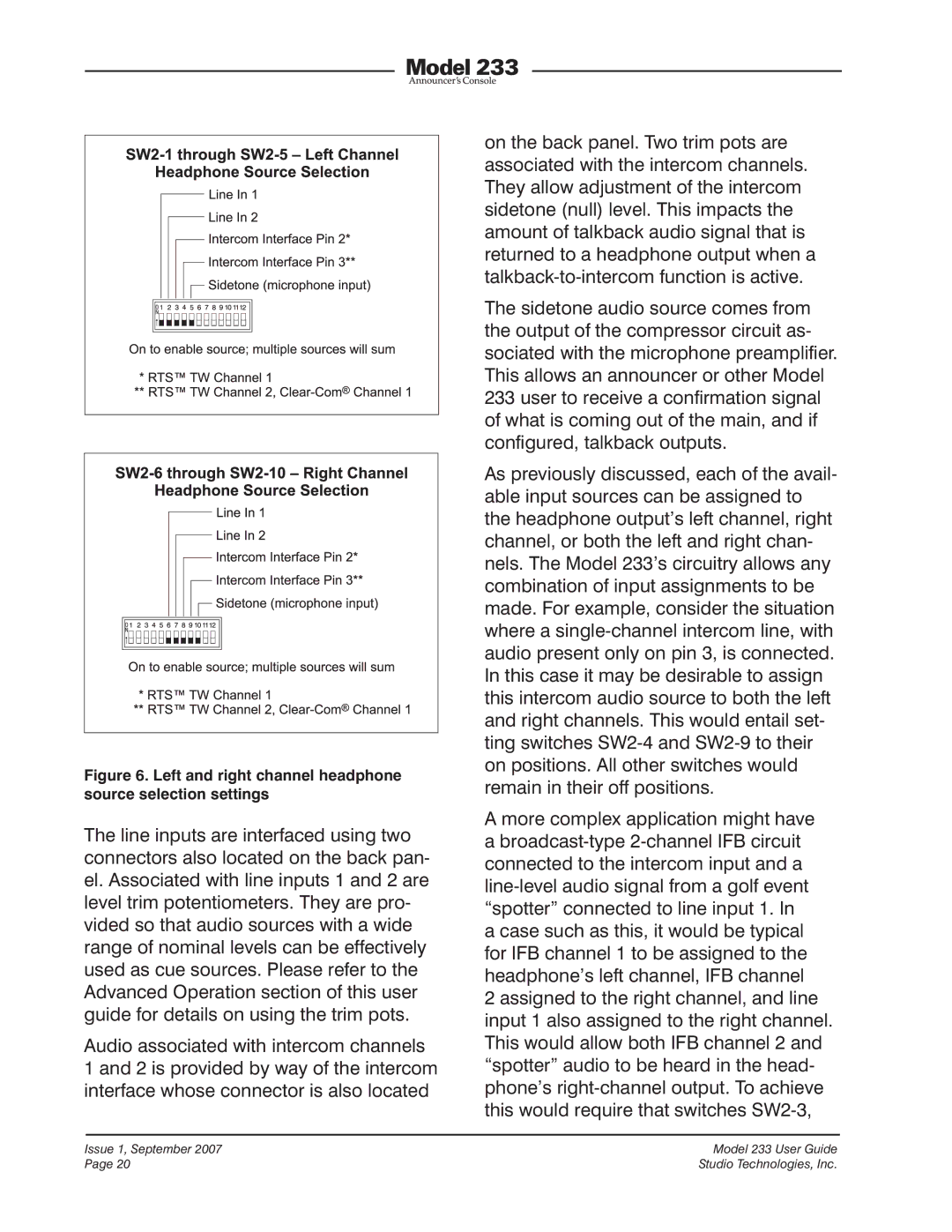 StudioTech 233 manual Left and right channel headphone source selection settings 