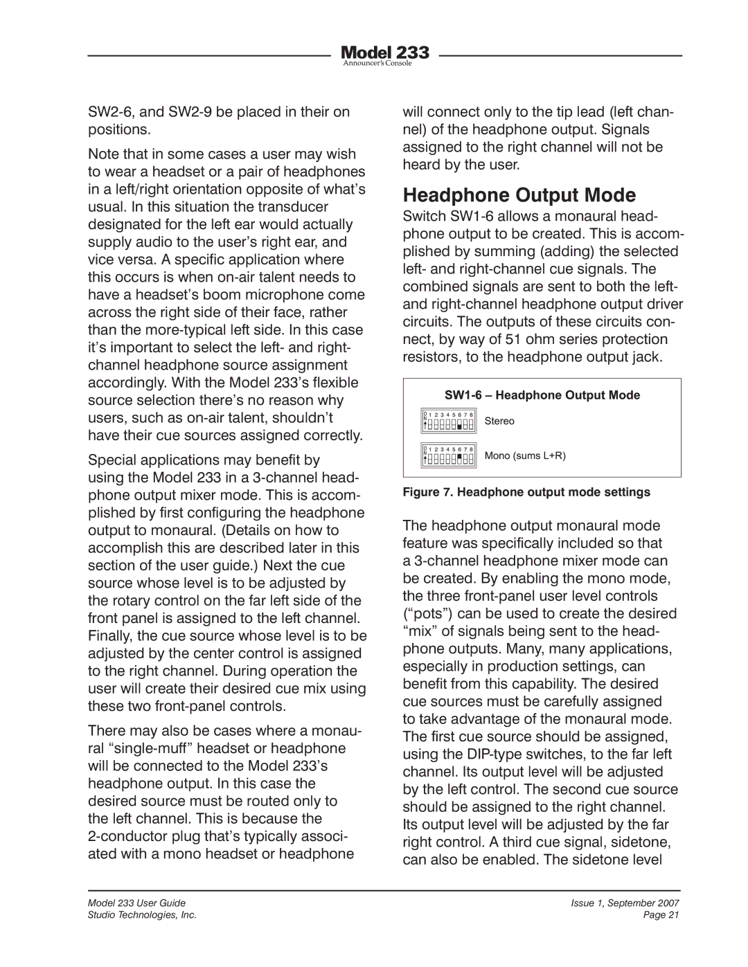 StudioTech 233 manual Headphone Output Mode, Headphone output mode settings 