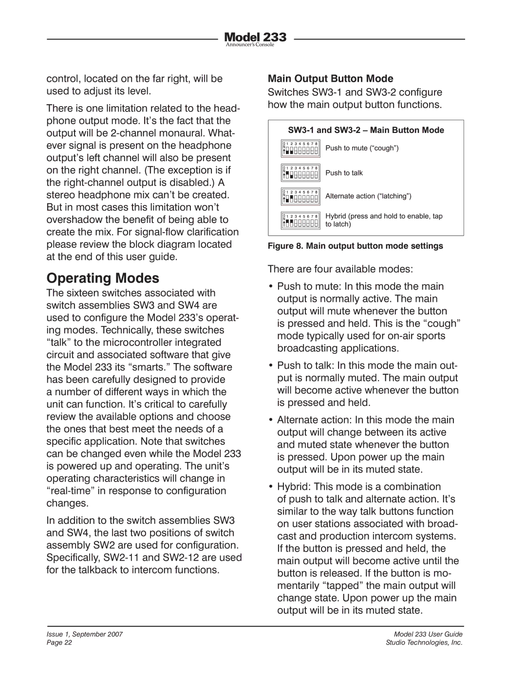 StudioTech 233 manual Operating Modes, Main Output Button Mode 