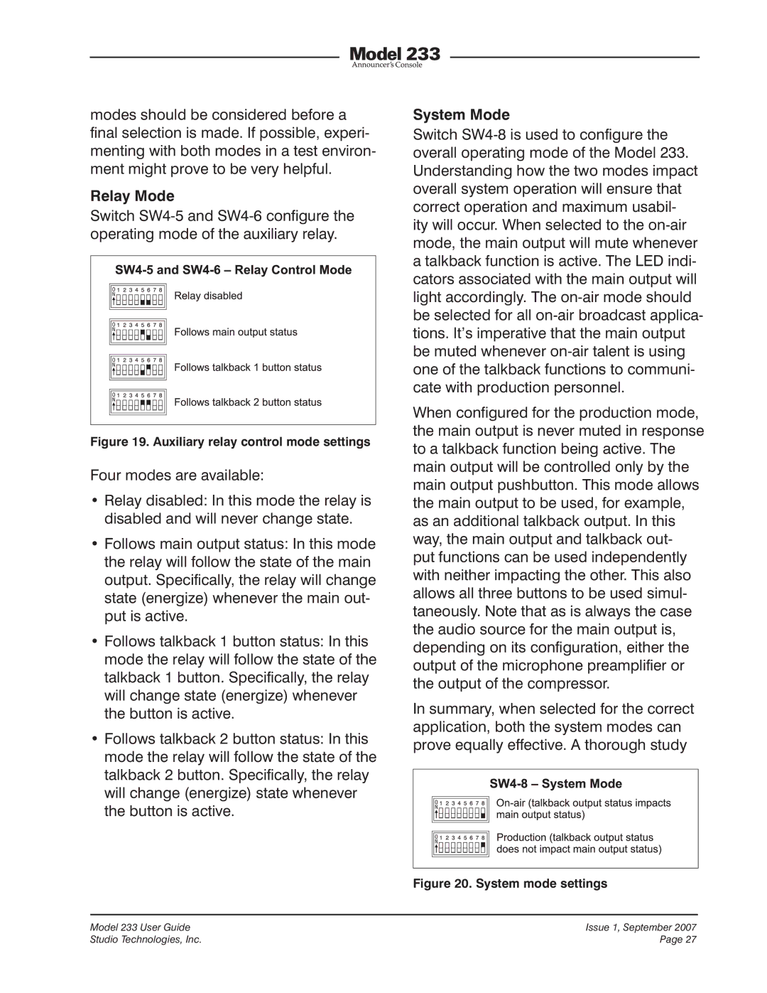 StudioTech 233 manual Relay Mode, System Mode 