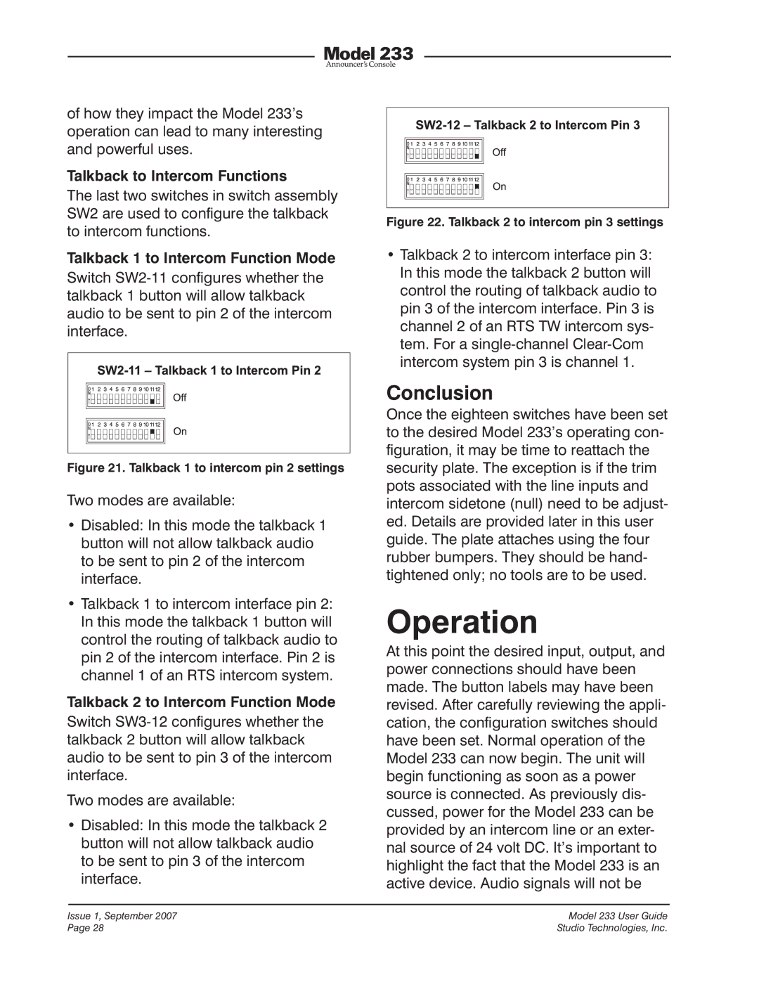 StudioTech 233 manual Operation, Conclusion, Talkback to Intercom Functions, Talkback 1 to Intercom Function Mode 