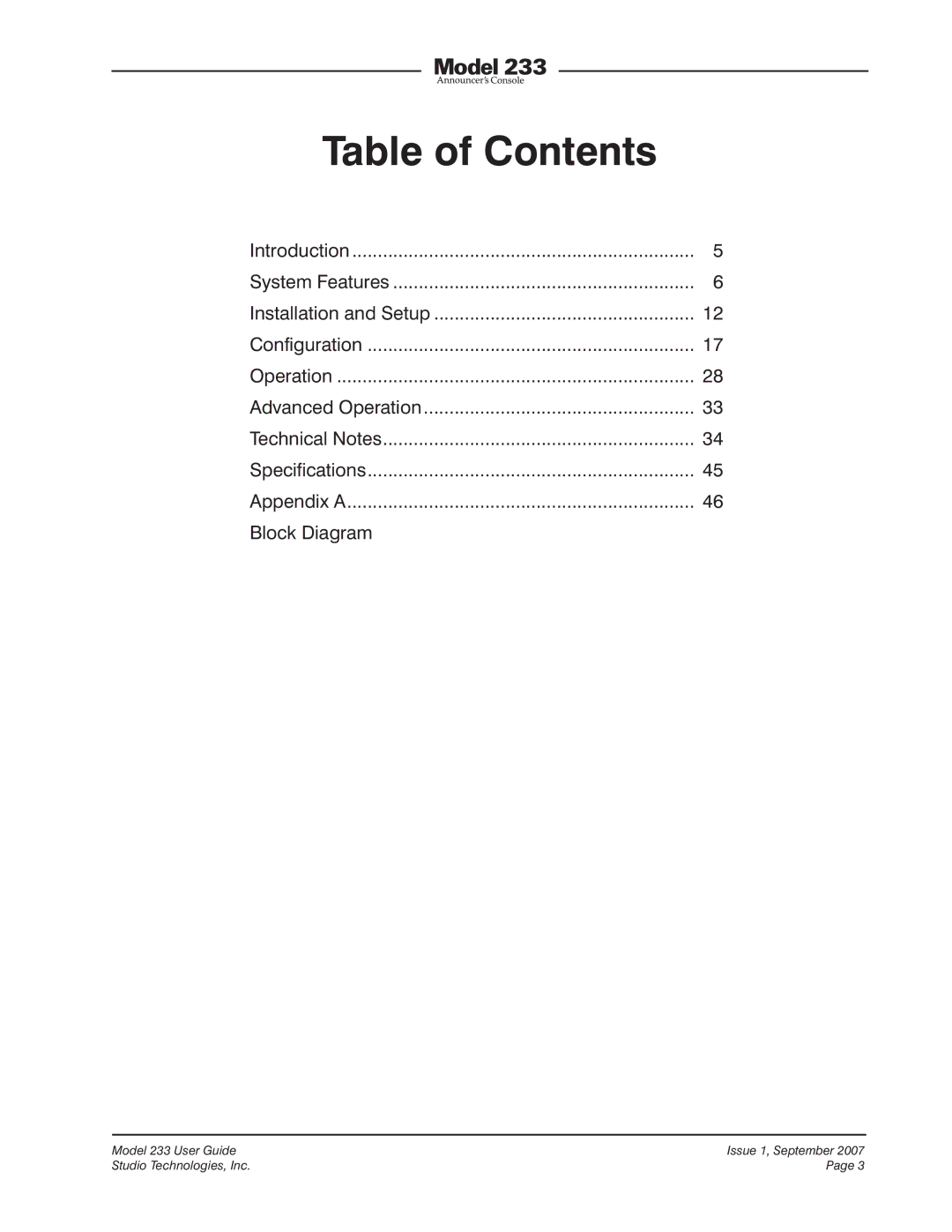 StudioTech 233 manual Table of Contents 