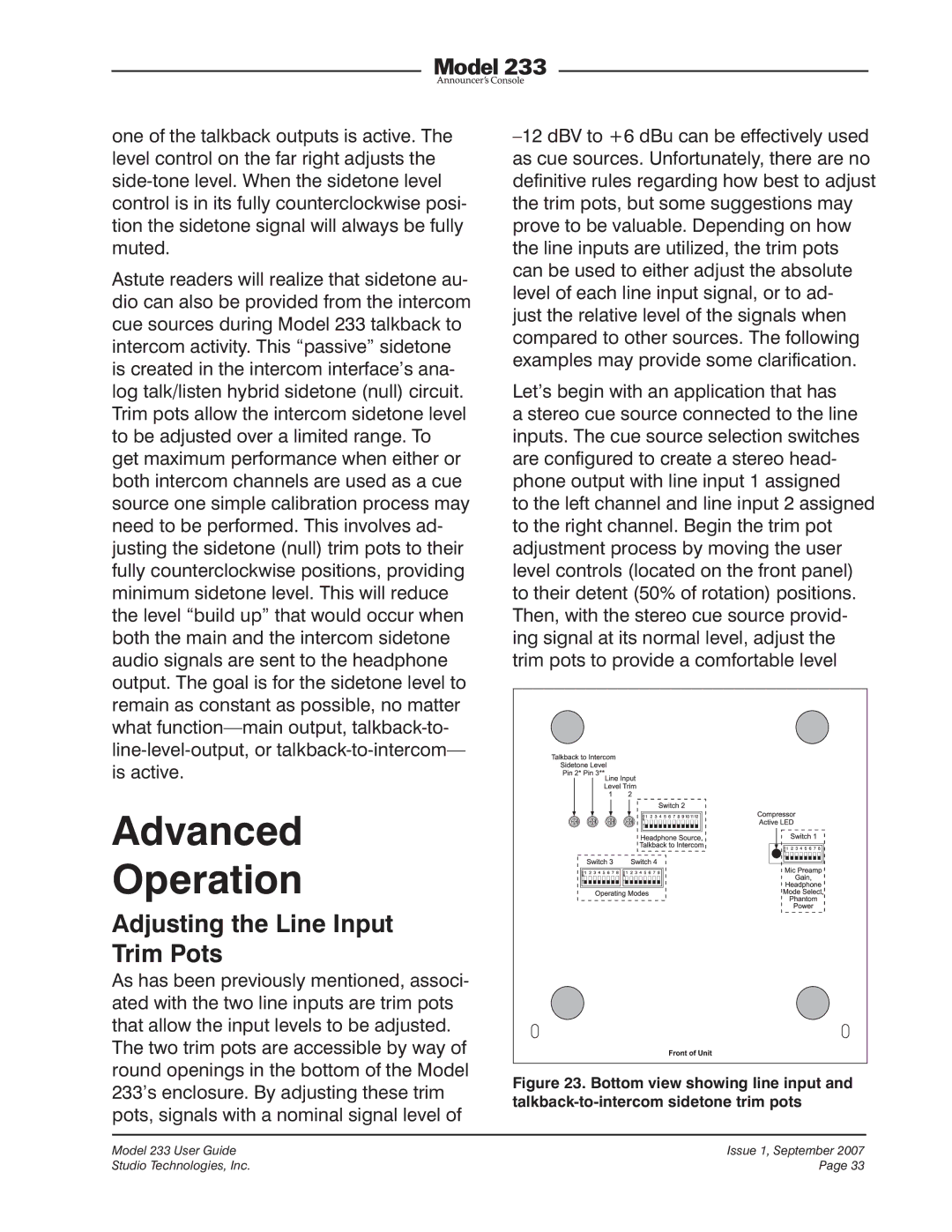 StudioTech 233 manual Advanced Operation, Adjusting the Line Input Trim Pots 