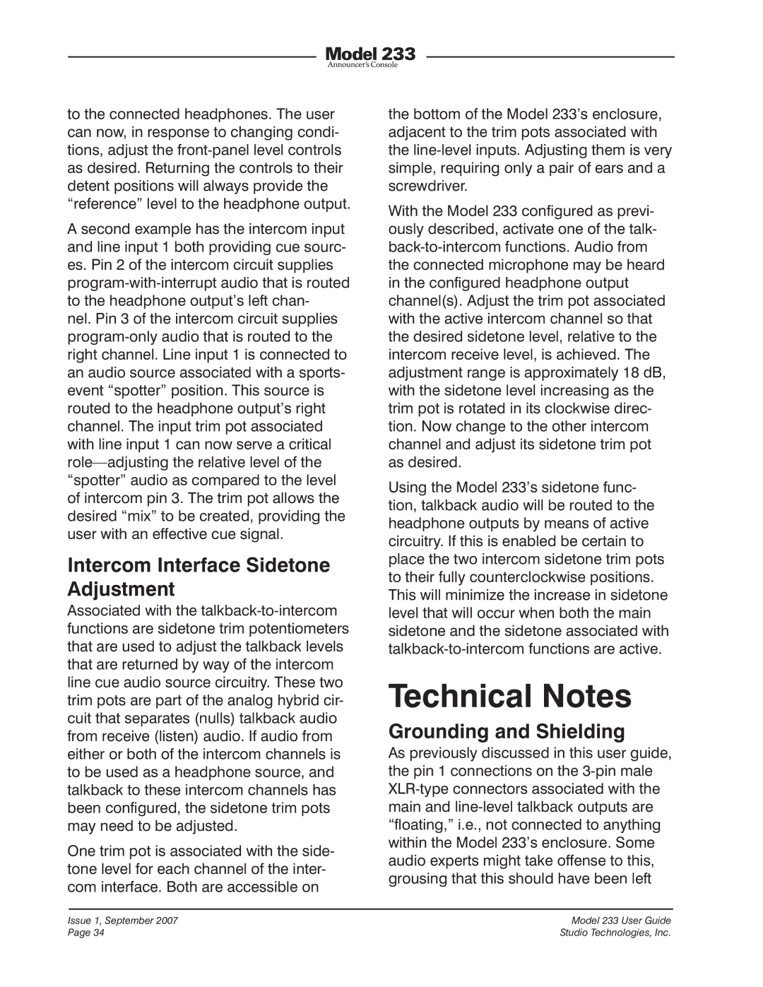 StudioTech 233 manual Technical Notes, Intercom Interface Sidetone Adjustment, Grounding and Shielding 