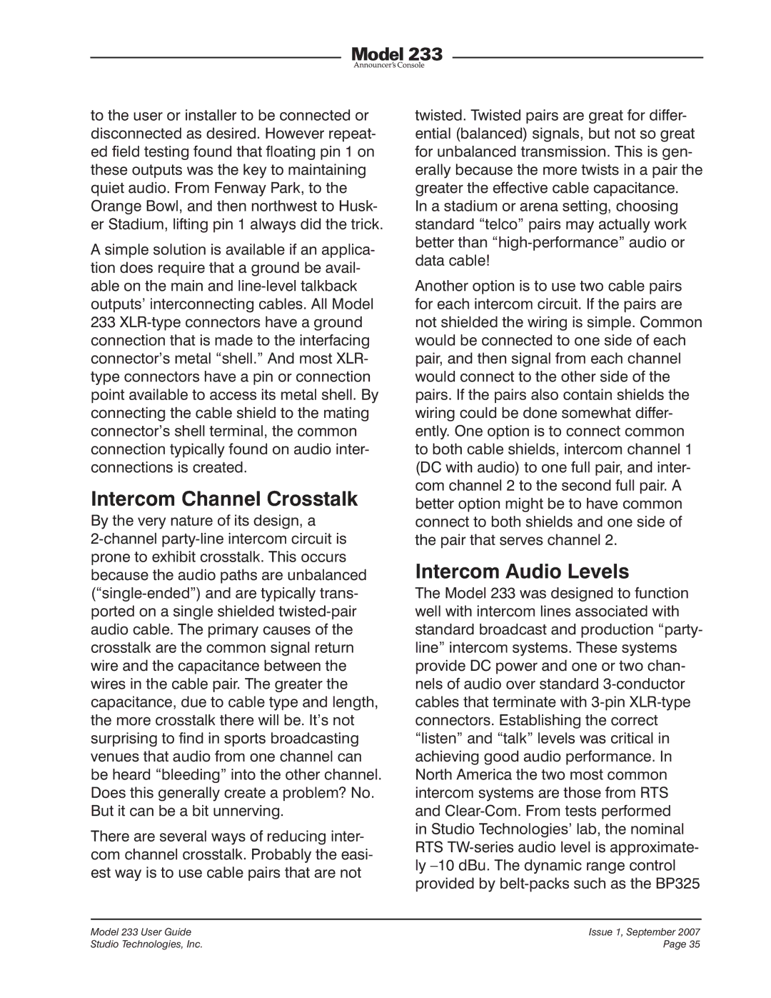 StudioTech 233 manual Intercom Channel Crosstalk, Intercom Audio Levels 