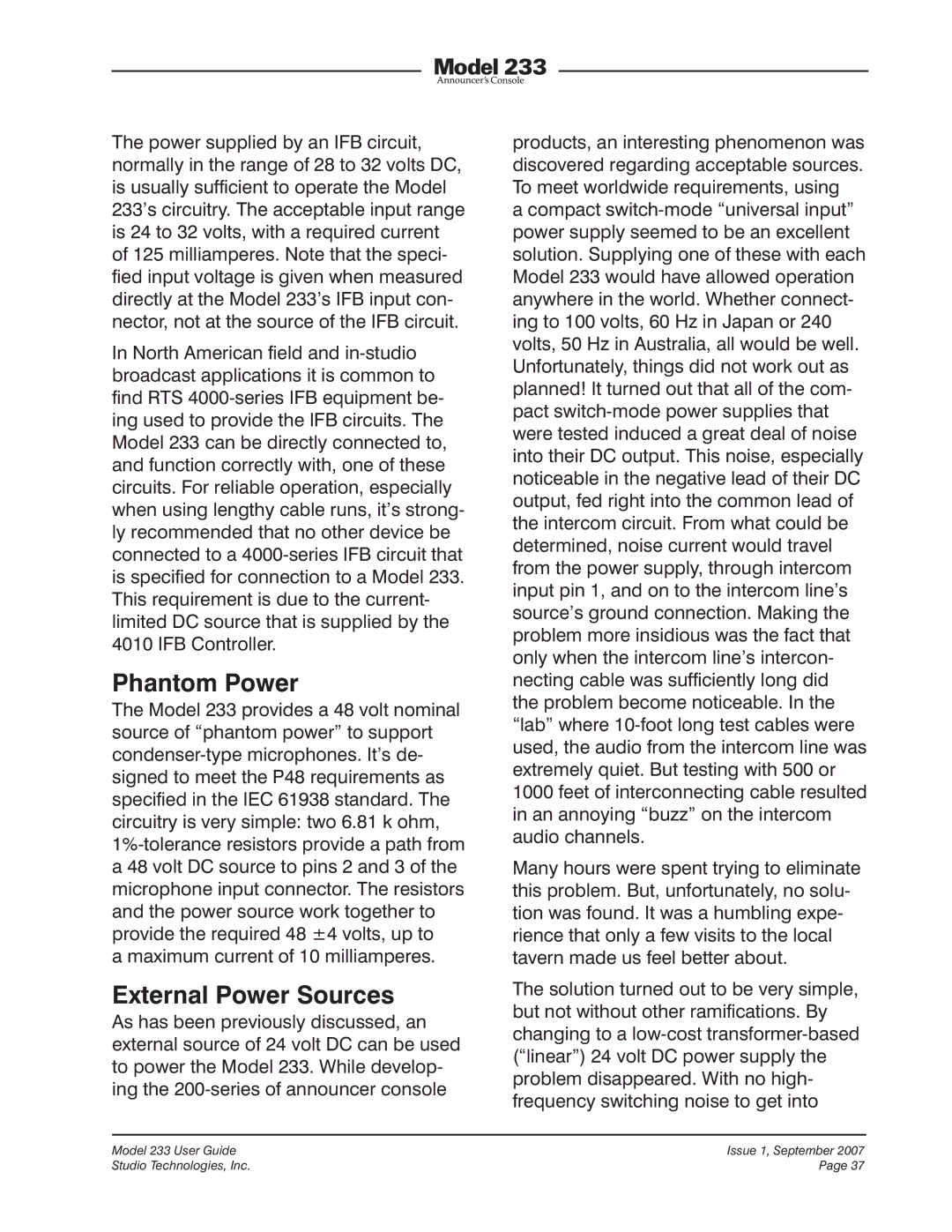 StudioTech 233 manual Phantom Power, External Power Sources 