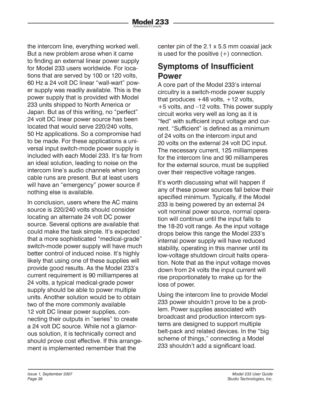 StudioTech 233 manual Symptoms of Insufficient Power 