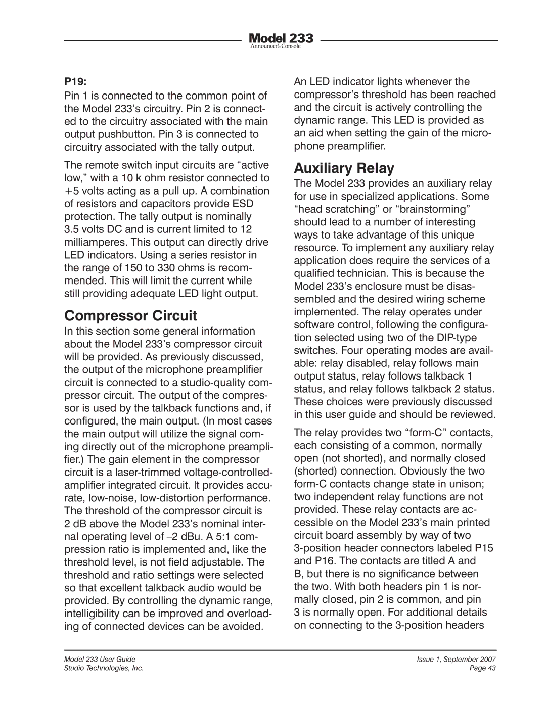 StudioTech 233 manual Compressor Circuit, P19 