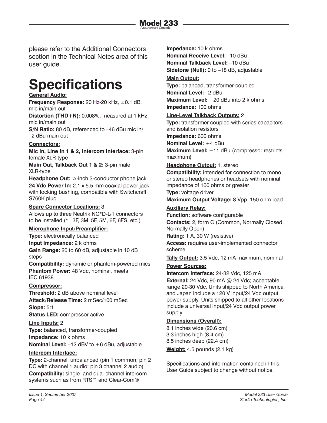 StudioTech 233 manual Specifications, General Audio 