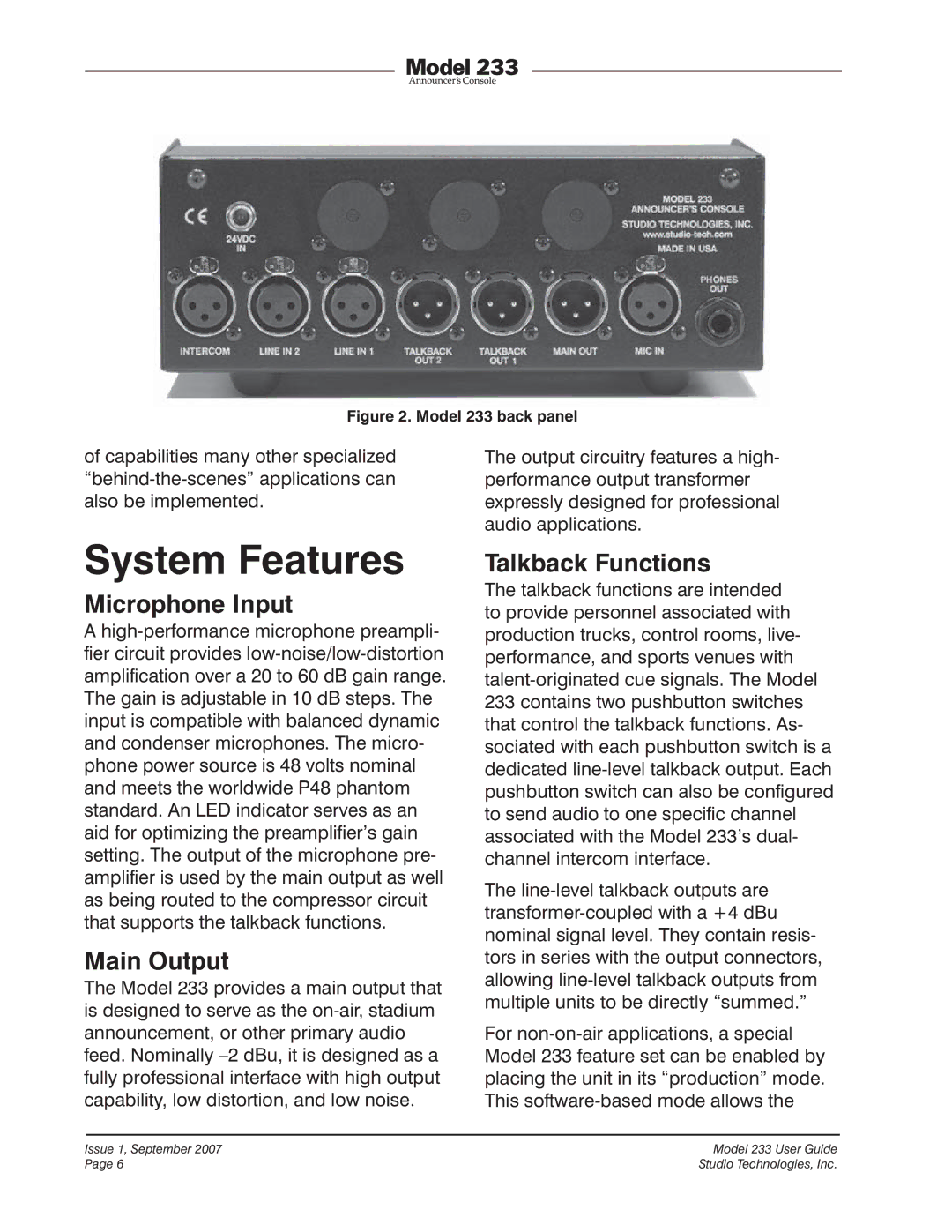 StudioTech 233 manual System Features, Microphone Input, Main Output, Talkback Functions 