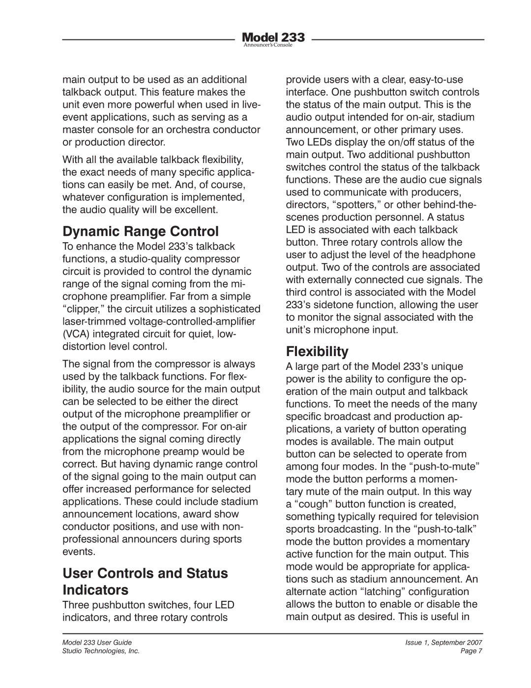 StudioTech 233 manual Dynamic Range Control, User Controls and Status Indicators, Flexibility 