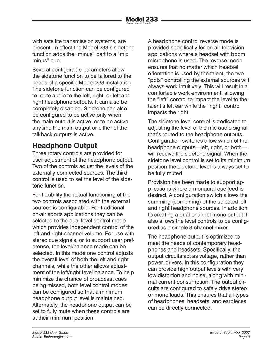 StudioTech 233 manual Headphone Output 