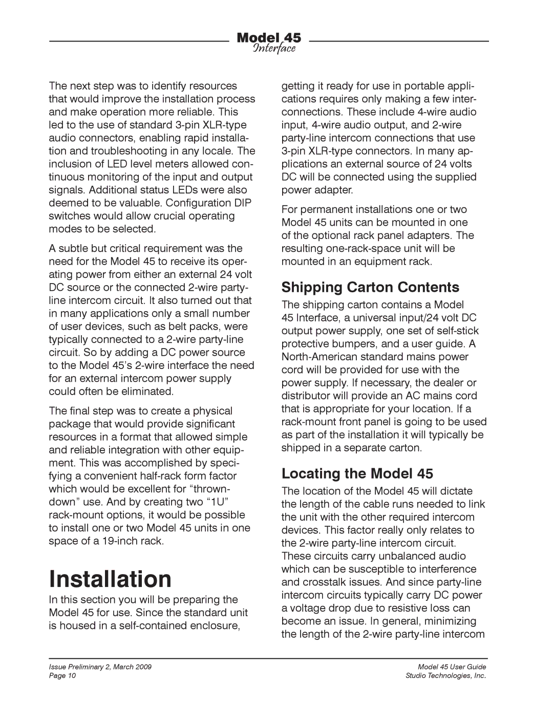 StudioTech M45-00151 manual Installation, Shipping Carton Contents, Locating the Model 