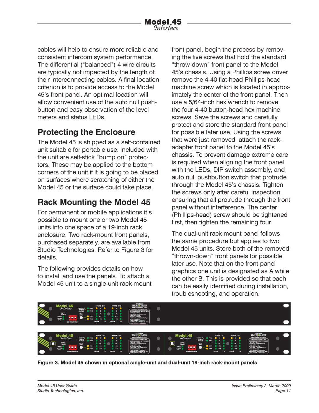 StudioTech M45-00151 manual Protecting the Enclosure, Rack Mounting the Model 