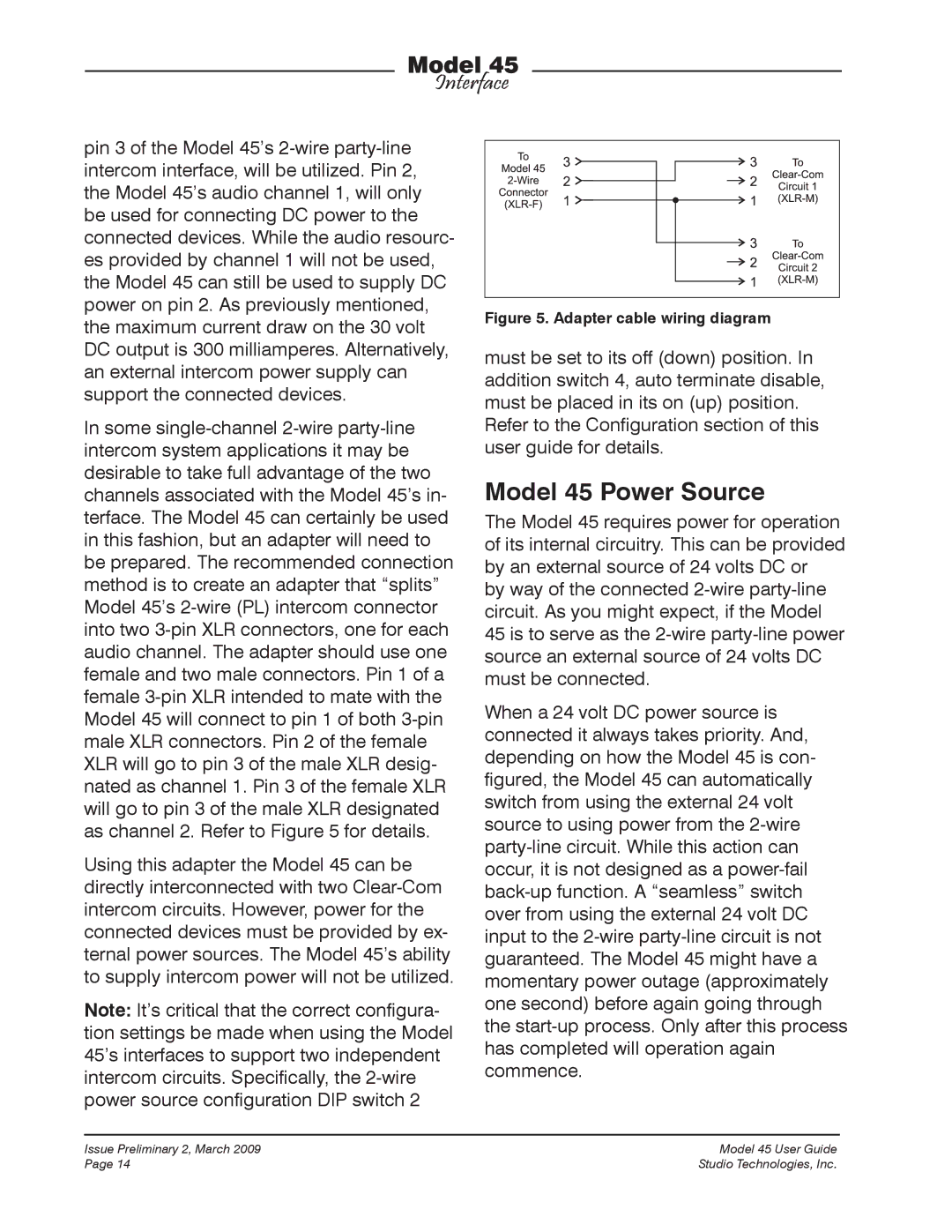 StudioTech M45-00151 manual Model 45 Power Source, Adapter cable wiring diagram 