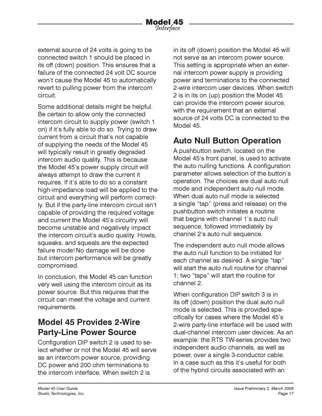 StudioTech M45-00151 manual Model 45 Provides 2-Wire Party-Line Power Source, Auto Null Button Operation 