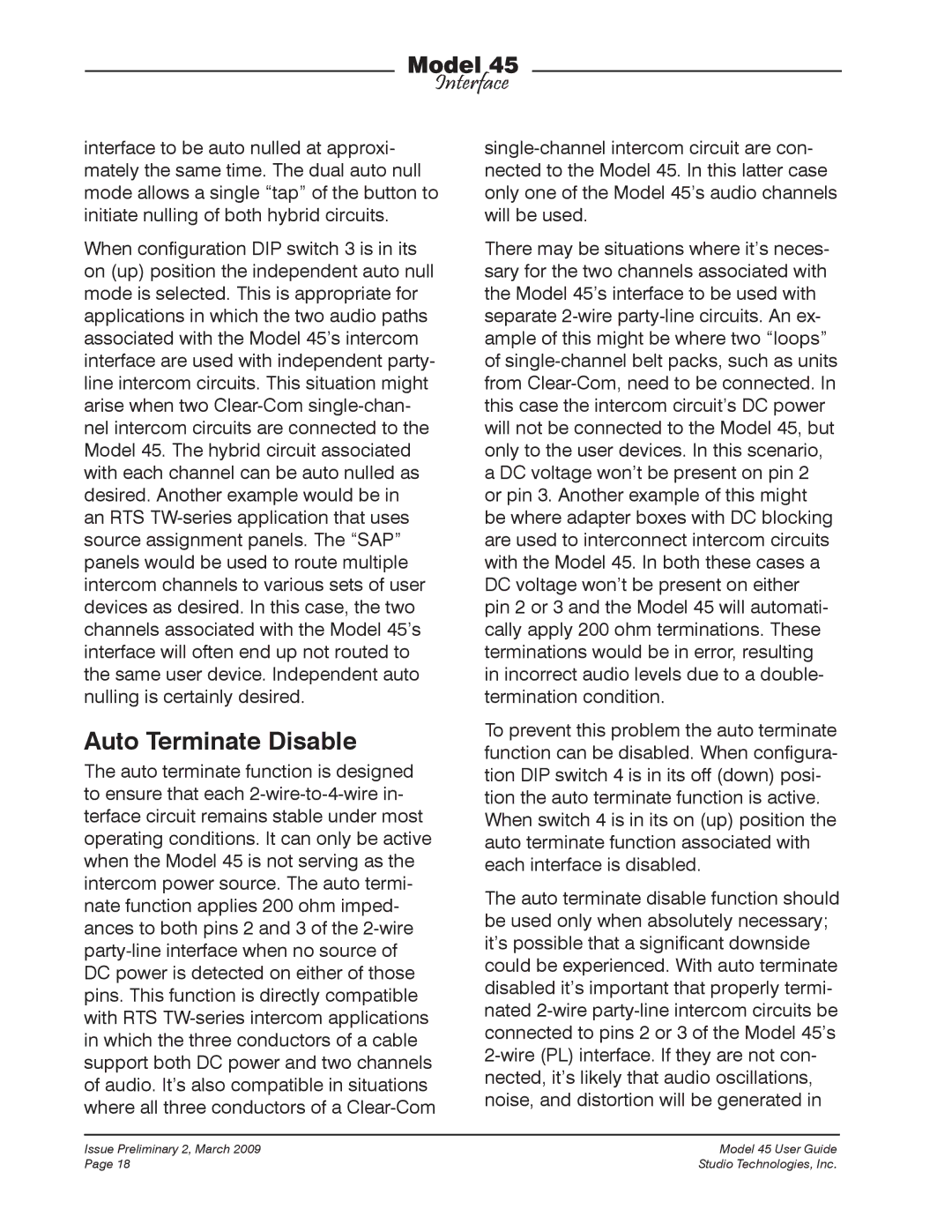 StudioTech M45-00151 manual Auto Terminate Disable 