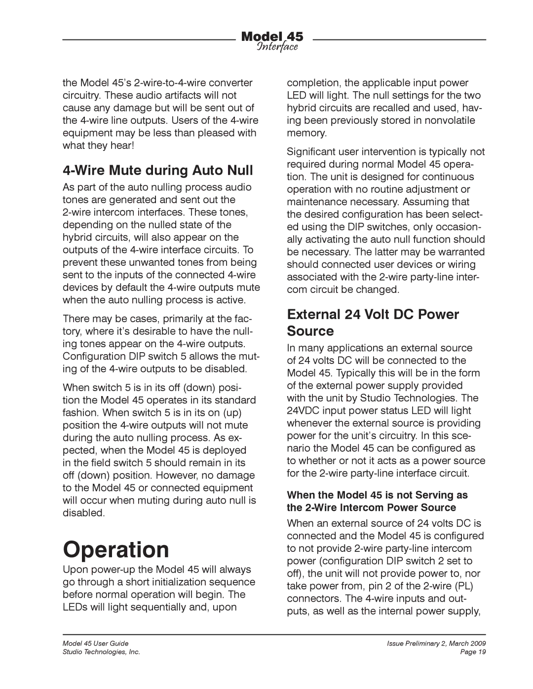 StudioTech M45-00151 manual Operation, Wire Mute during Auto Null, External 24 Volt DC Power Source 