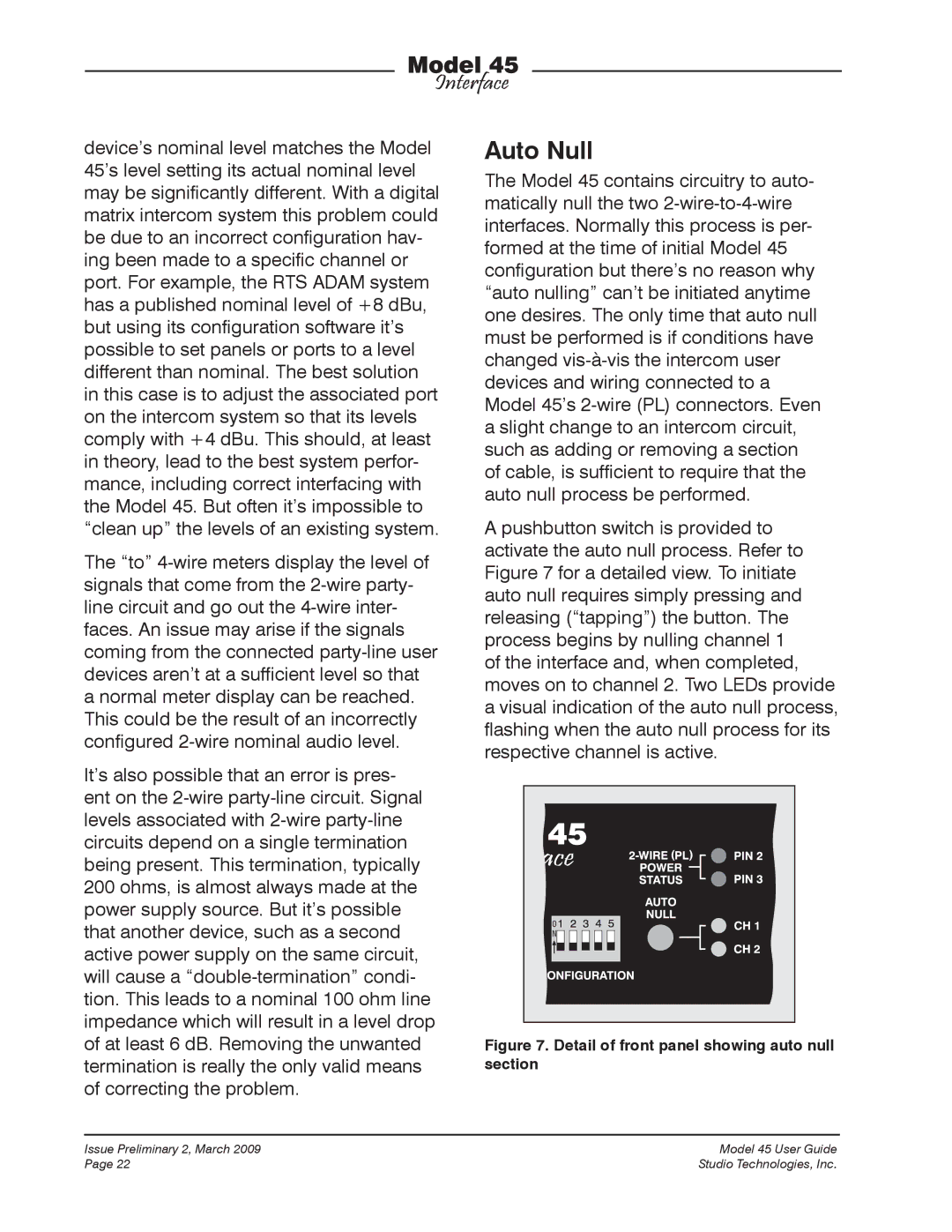 StudioTech M45-00151 manual Auto Null, Detail of front panel showing auto null section 