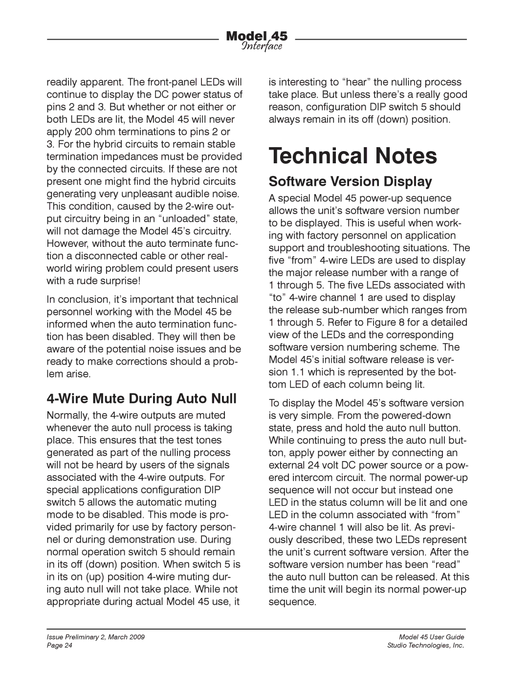 StudioTech M45-00151 manual Technical Notes, Software Version Display 