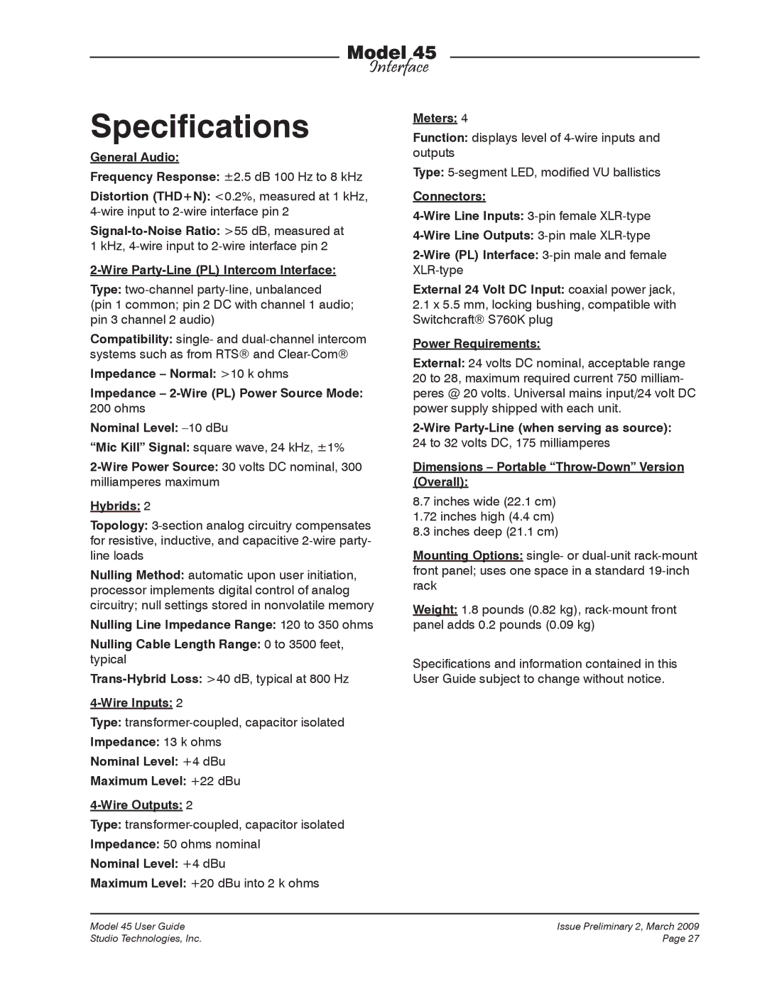 StudioTech M45-00151 manual Specifications, General Audio 