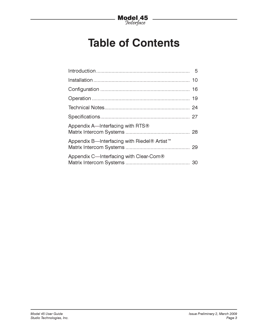 StudioTech M45-00151 manual Table of Contents 