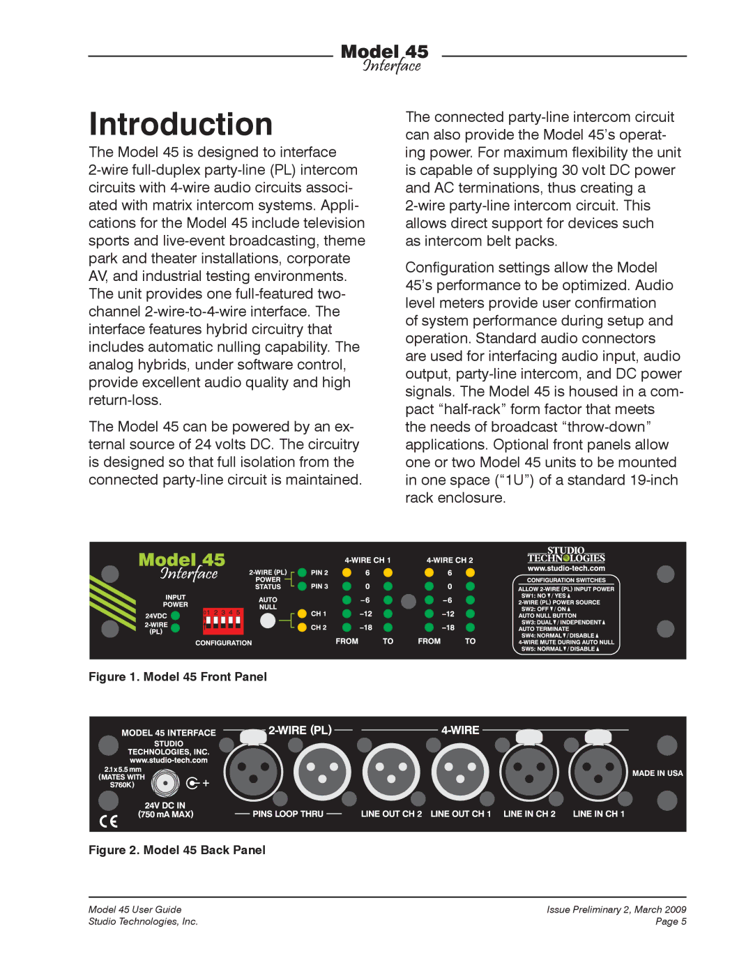 StudioTech M45-00151 manual Introduction, Model 45 Front Panel 