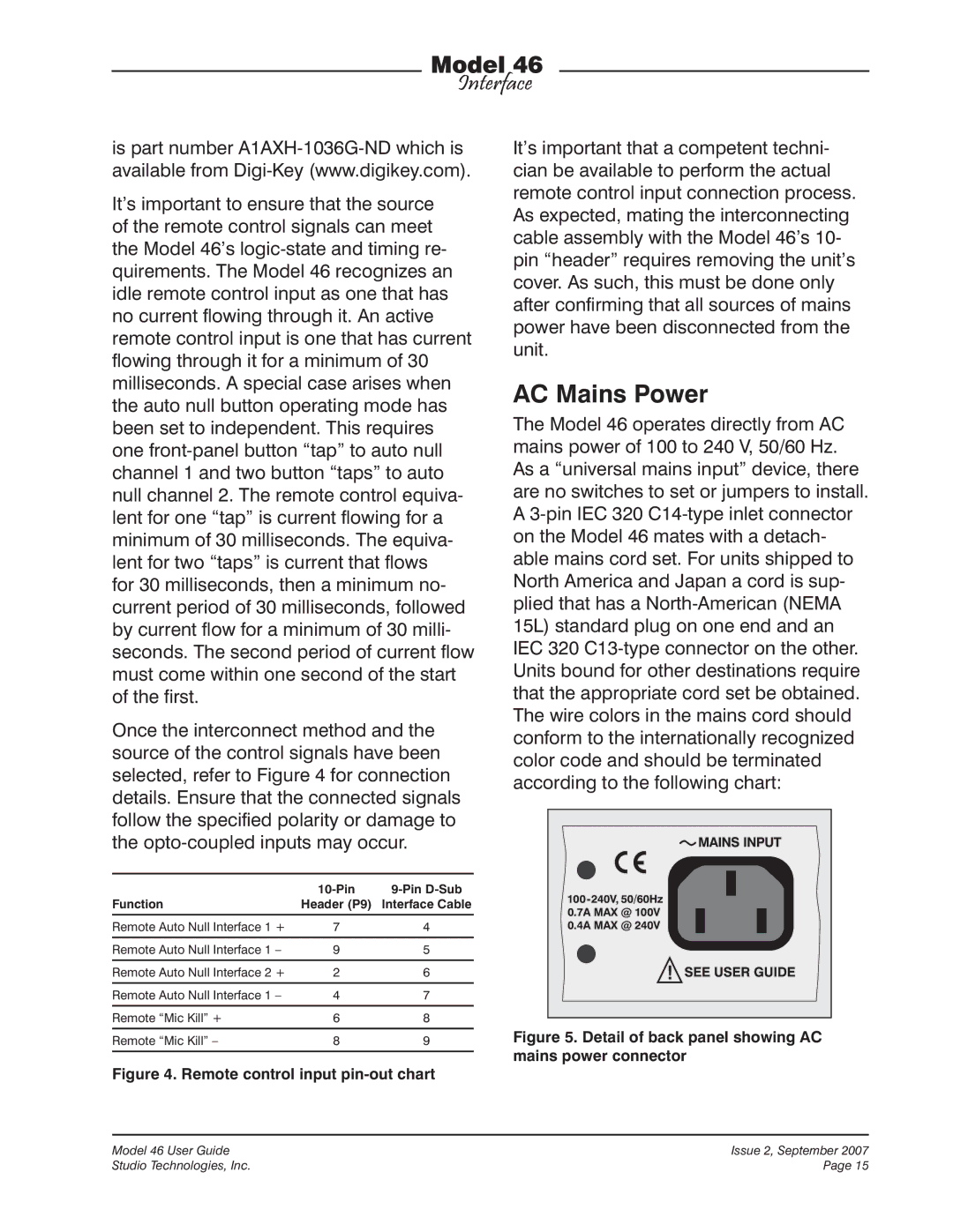 StudioTech M46-00180 manual AC Mains Power, Function 