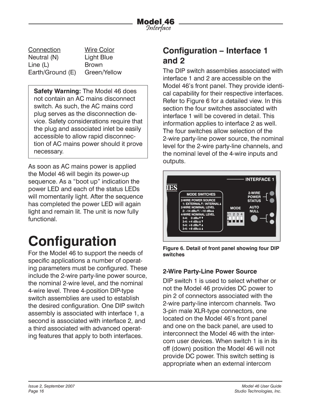 StudioTech M46-00180 manual Configuration Interface 1, Wire Party-Line Power Source 