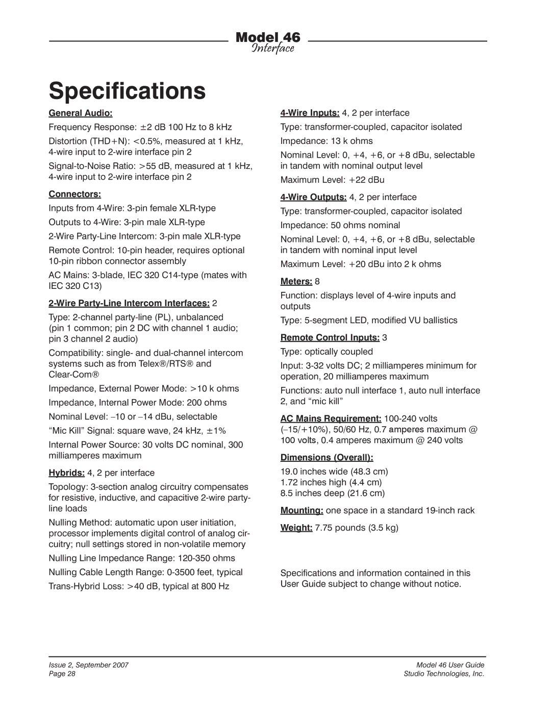 StudioTech M46-00180 manual Specifications, General Audio 