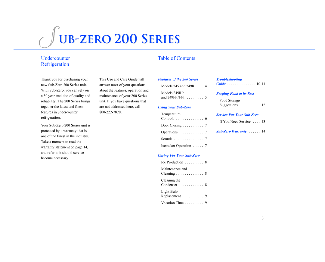 Sub-Zero manual UB-ZERO 200 Series, Undercounter, Refrigeration 