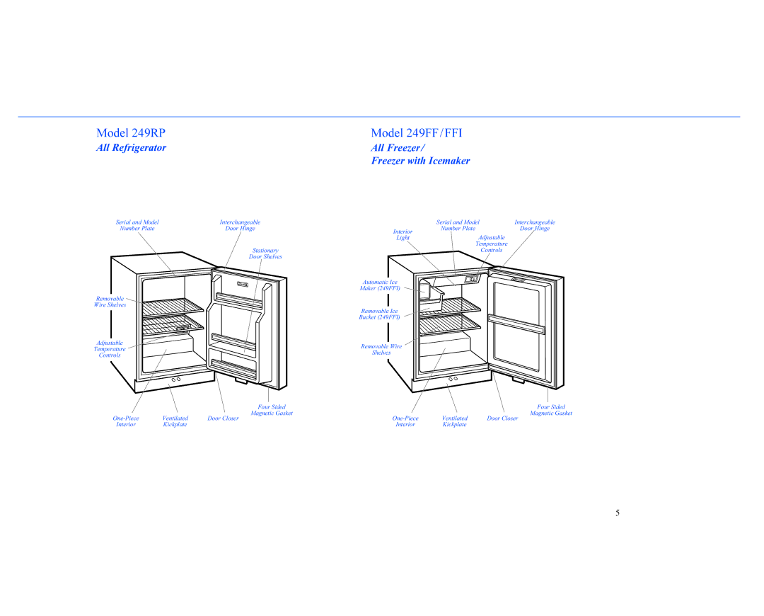 Sub-Zero 200 Series manual Model 249RP, Model 249FF/FFI, All Refrigerator, All Freezer Freezer with Icemaker 