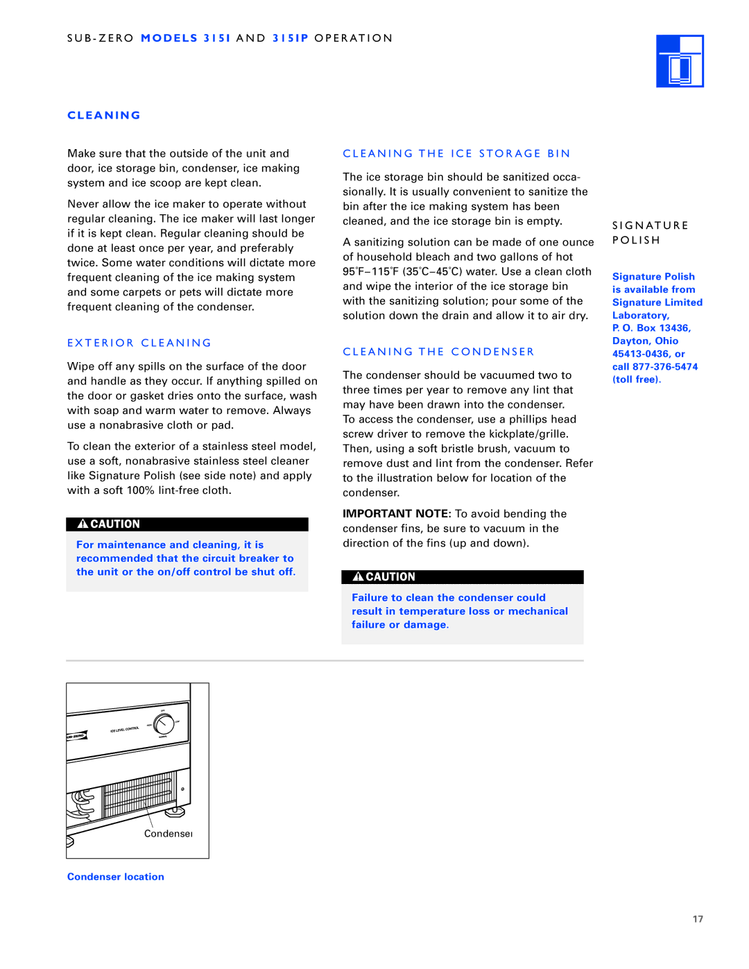 Sub-Zero 3 1 5 I B Z E RO Models 315I a N D 315IP O P E R AT I O N, Cleaning, E a N I N G T H E I C E S to R a G E B I N 