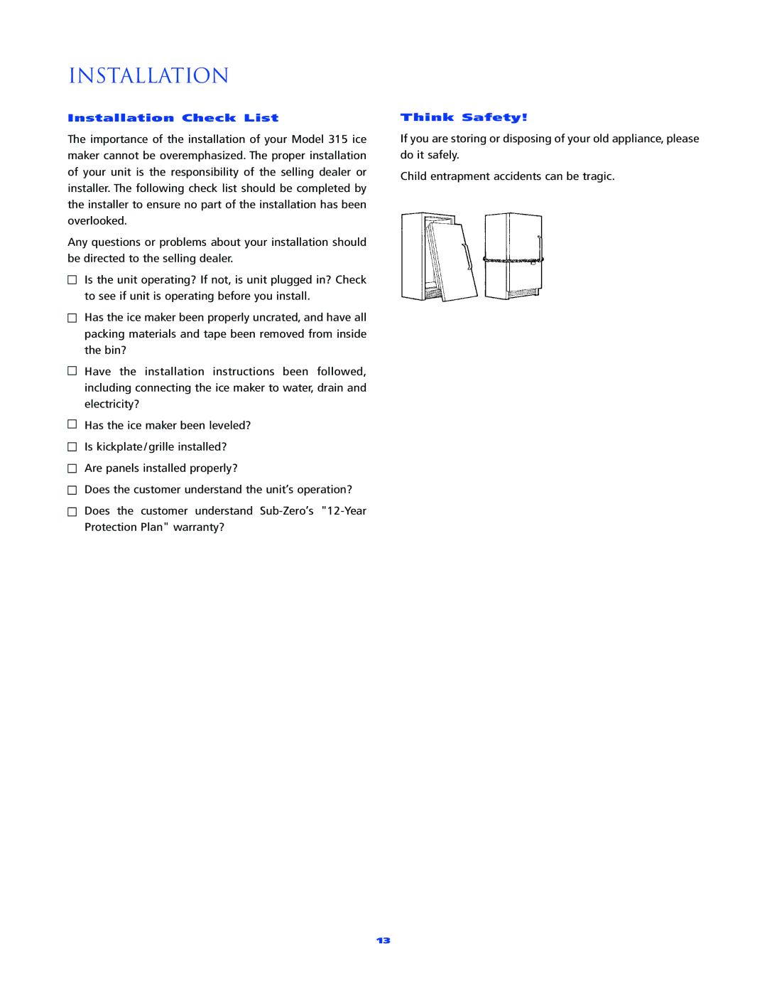 Sub-Zero 315 manual Installation Check List 