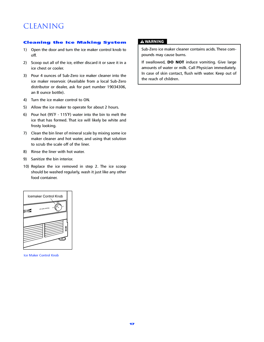 Sub-Zero 315 manual Cleaning the Ice Making System 