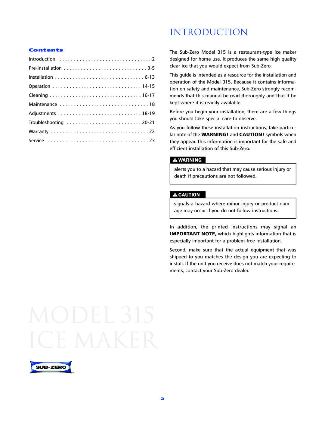 Sub-Zero manual Model 315 ICE Maker, Introduction 