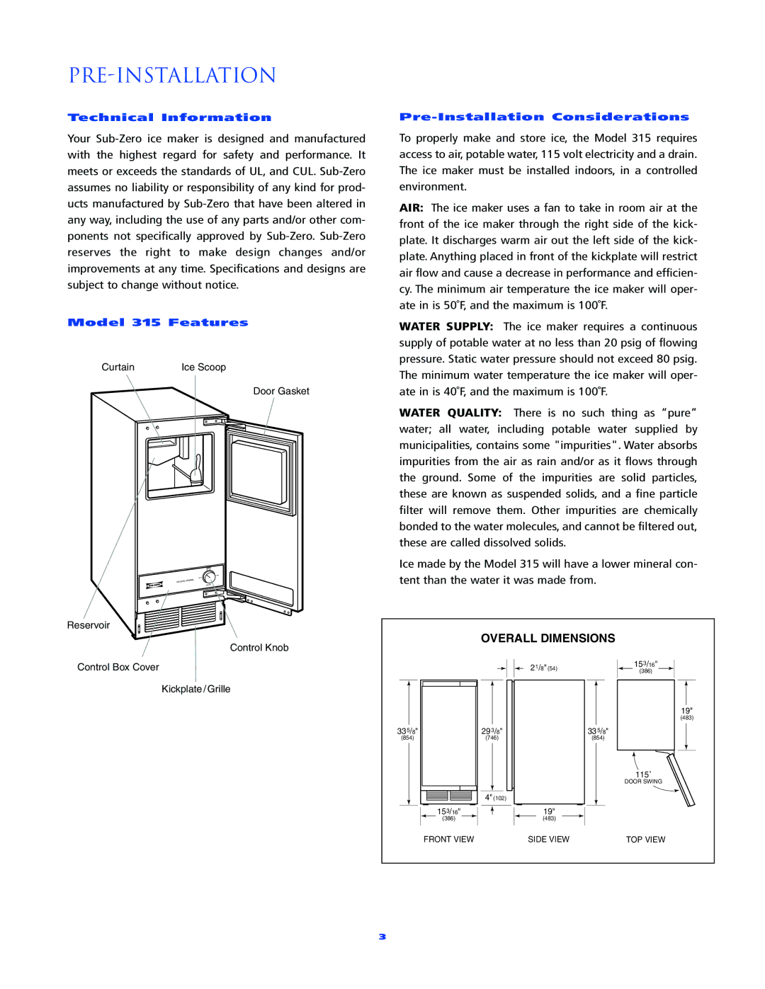 Sub-Zero manual Pre-Installation, Model 315 Features 