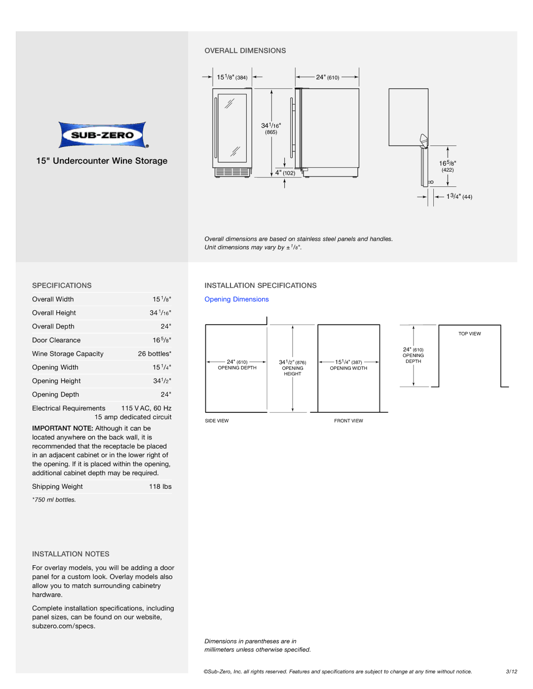 Sub-Zero 315W, 5152/S manual Overall Dimensions, Specifications, Installation Notes 