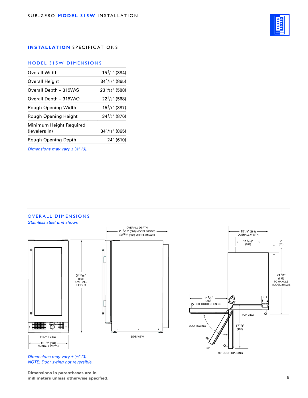 Sub-Zero 315W manual D E L 3 1 5 W D I M E N S I O N S, E R a L L D I M E N S I O N S 
