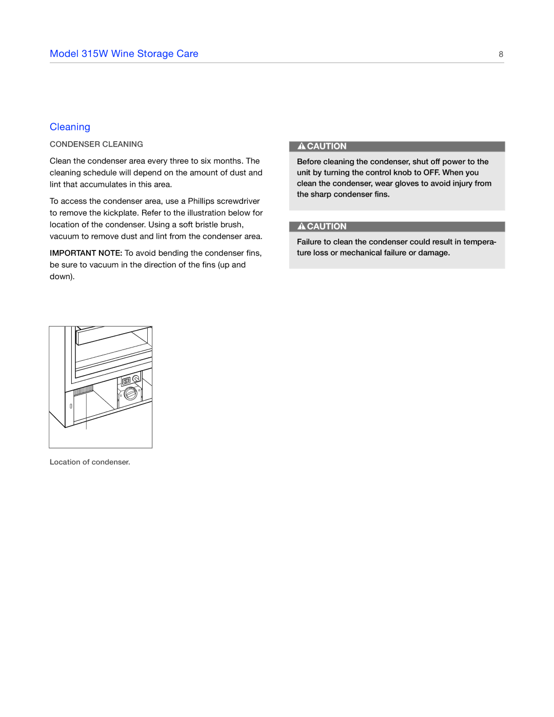 Sub-Zero manual Model 315W Wine Storage Care Cleaning, Condenser Cleaning 