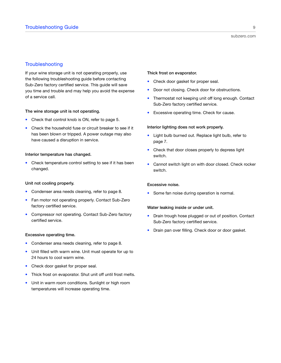 Sub-Zero 315W manual Troubleshooting Guide 