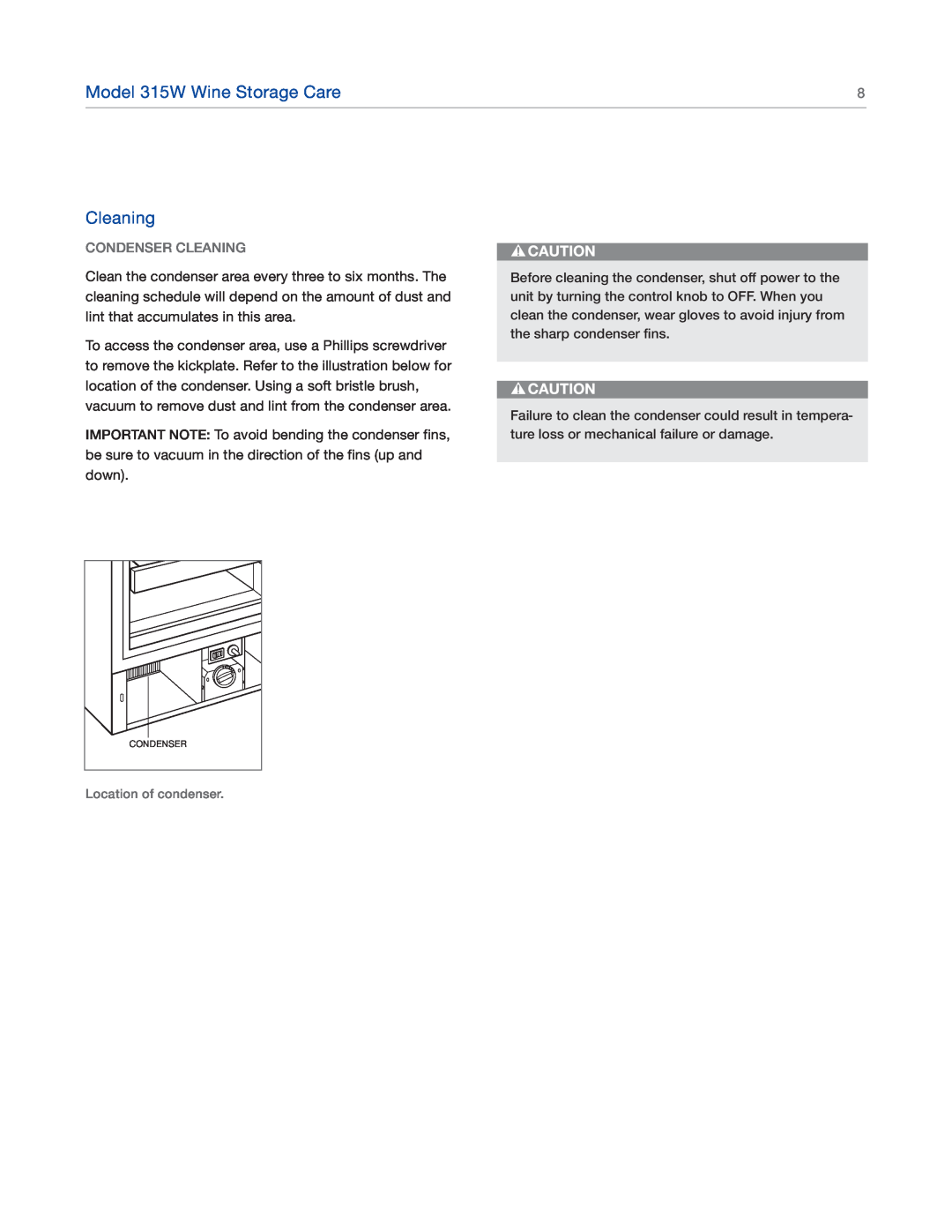 Sub-Zero manual Condenser Cleaning, Model 315W Wine Storage Care, Location of condenser 