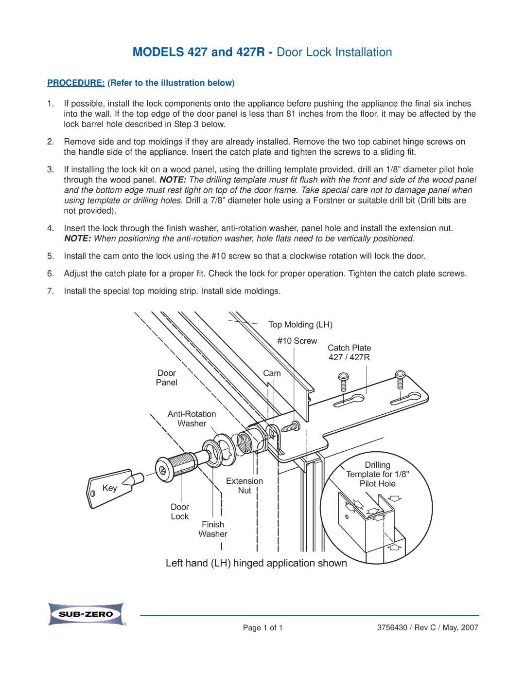 Sub-Zero 3756430 manual Models 427 and 427R Door Lock Installation, Procedure Refer to the illustration below 