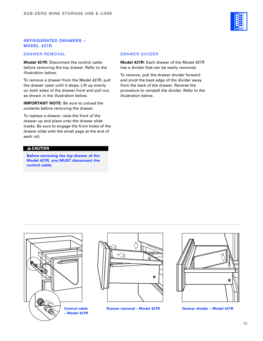 Sub-Zero 400 Series manual Refri Gerated DRA WE RS Model 42 7R DR Awer Remov AL, Draw ER DI Vider 