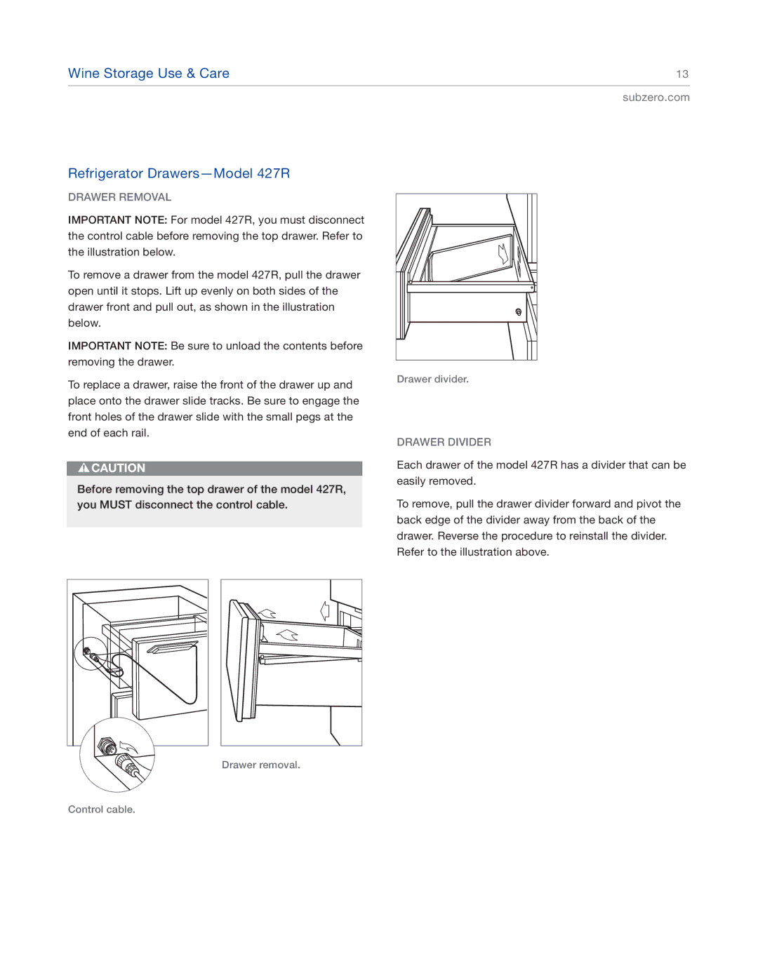 Sub-Zero 7011712, 424FS manual Drawer Removal, Drawer Divider 