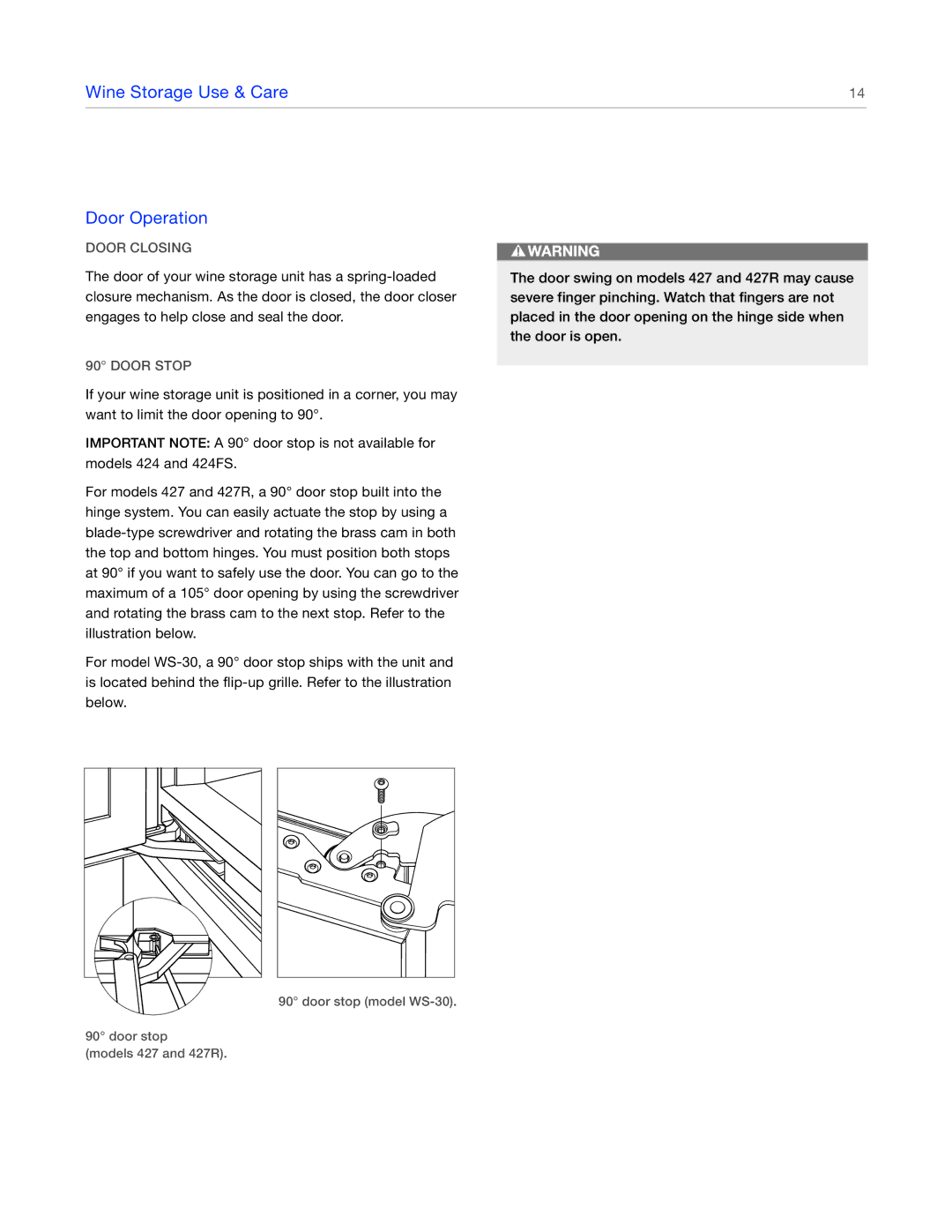 Sub-Zero 424FS, 7011712 manual Wine Storage Use & Care Door Operation, Door Closing, Door Stop 