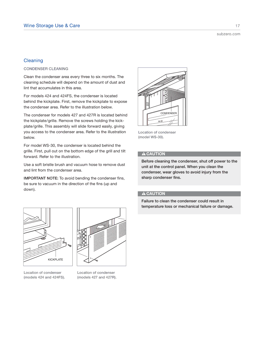 Sub-Zero 7011712, 424FS manual Wine Storage Use & Care, Condenser Cleaning 
